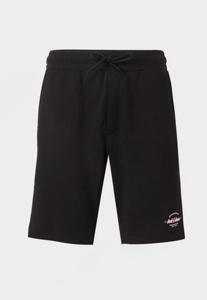 Mustad vabaaja lühikesed püksid elastse vöökohaga ja nööriga, mille alumisel vasakul jalal on väike valge ja roosa logotekst.