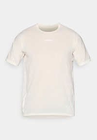 Beige Salomon short-sleeve athletic T-shirt with round neck and subtle white graphic lines on sides.