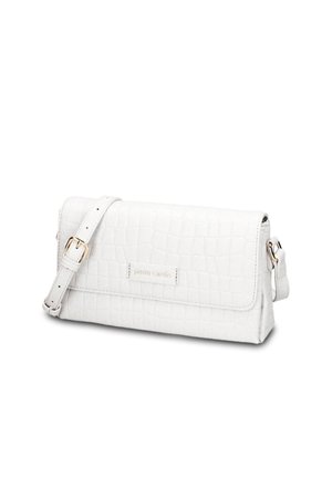 Witte crossbodytas met krokodillenstructuur, gouden gesp op verstelbare band en Pierre Cardin-logo op de voorflap.