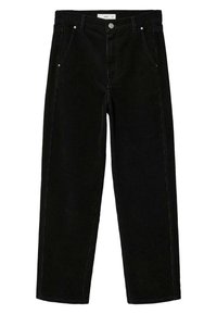 Pantalon en velours côtelé noir avec une coupe droite, doté de poches avant, d'une fermeture par bouton et d'une texture côtelée subtile.