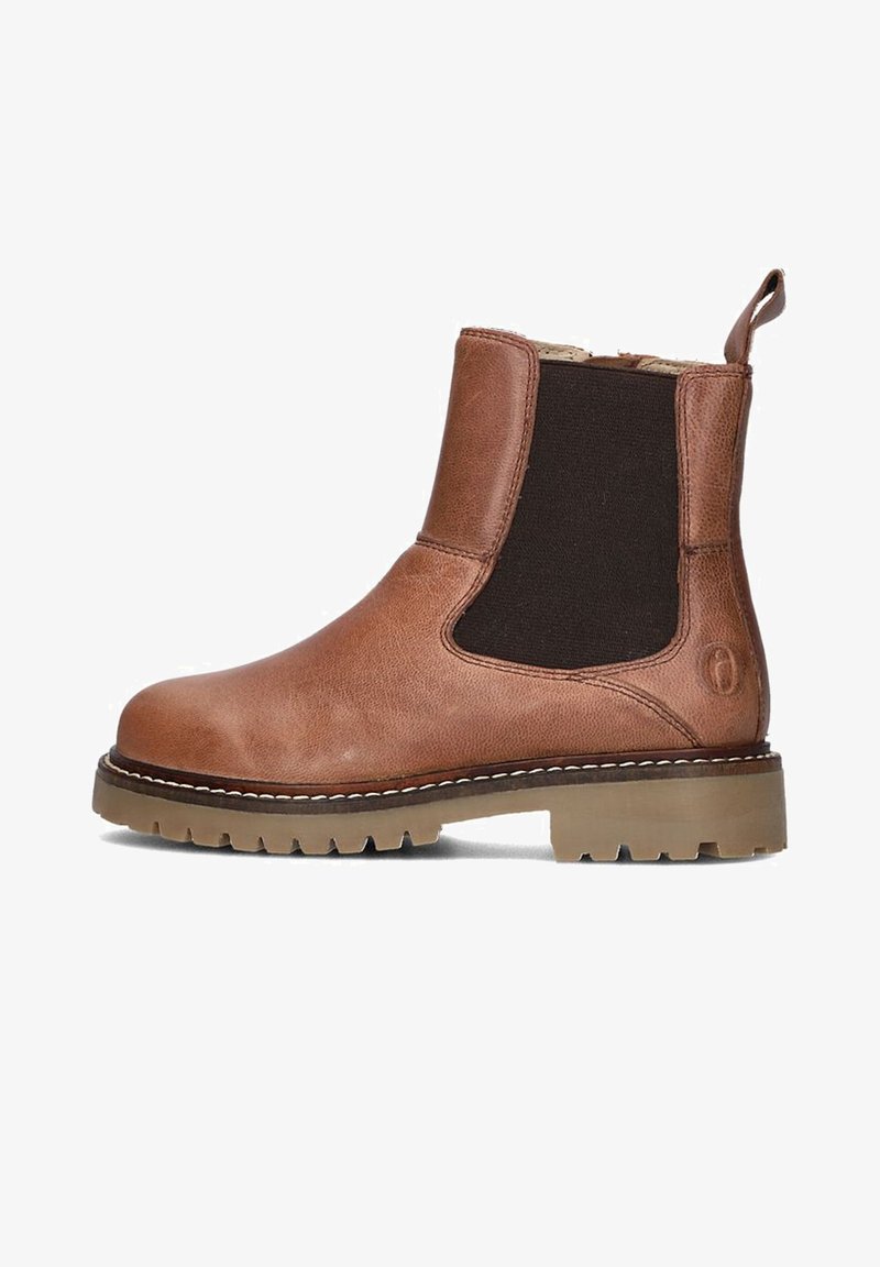 Bruine leren enkelboot met elastische zijpanelen, ronde neus, gestikte accenten en een stevige rubberen zool.