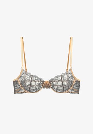 Spitzen-BH in schwarz und nude Tönen. Verfügt über ein filigranes florales Spitzenmuster, Unterstützung durch Bügel, verstellbare Träger und glattes Material.