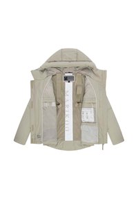 Giacca puffer di un beige chiaro con cappuccio, dotata di numerose tasche interne, chiusura a zip e dettagli di branding in bianco a contrasto.
