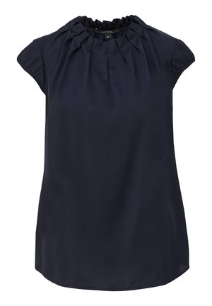 Navy blue blouse with a gathered neckline, short sleeves, and a slightly loose silhouette. Made of smooth fabric with a subtle sheen.