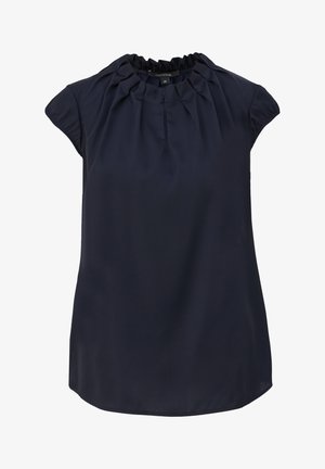 Granatowa bluzka z marszczonym dekoltem, krótkimi rękawami i lekko luźnym krojem. Wykonana z gładkiego materiału o subtelnym połysku.