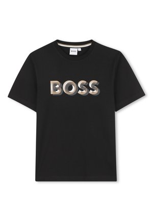 T-shirt nera in cotone con un grande logo "BOSS" testurizzato in tonalità di argento e oro, colletto rotondo e maniche corte.