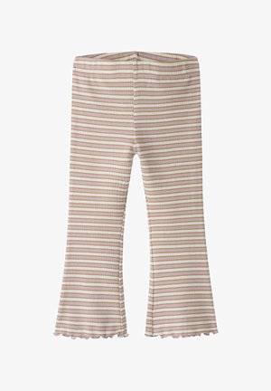 Legíny s rebrovaným vzorom a rozšíreným spodným okrajom, s prestriedavými pruhmi v krémovej, svetloružovej a zlatej farbe, s vrúbkovaným lemom.