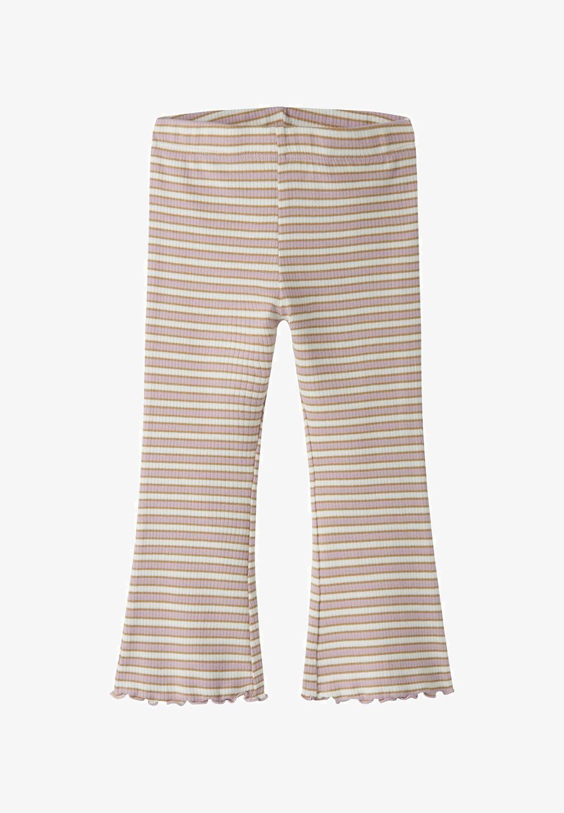 Geribbelde leggings met een uitlopende onderkant, met afwisselende strepen in crème, lichtroze en gouden kleuren, en een gegolfde zoom.