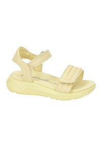 Lys gule sandaler med justerbare velcro-remme, en polstret sål og struktureret bund. Glat læderlignende overdel med syninger.