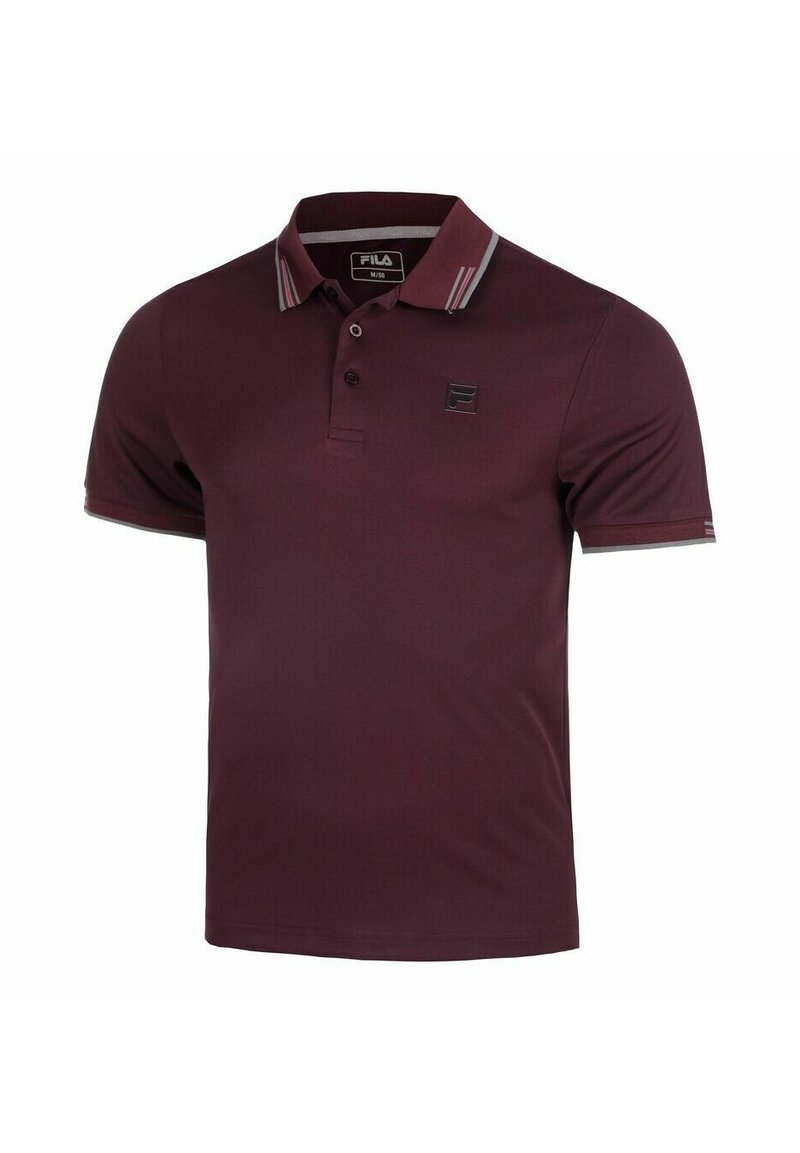 Bordeaux polo shirt met een klassieke kraag, een knoopsluiting met twee knopen en contrasterende gestreepte accenten op de mouwen. Logo op de borst.