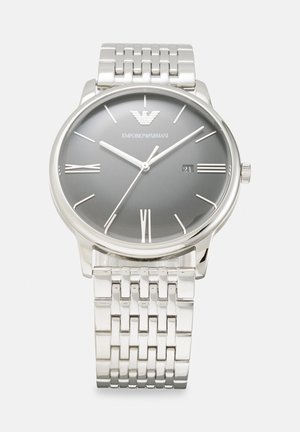 Silberne Emporio Armani Armbanduhr aus Edelstahl mit grauem Zifferblatt, römischen Ziffern, Datumsanzeige und vernetztem Metallarmband.