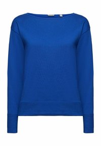 Blauer Strickpullover mit langen Ärmeln, weiter Rundhalsausschnitt, gerippten Bündchen und Saum. Glatte Textur, einfarbig ohne Muster.