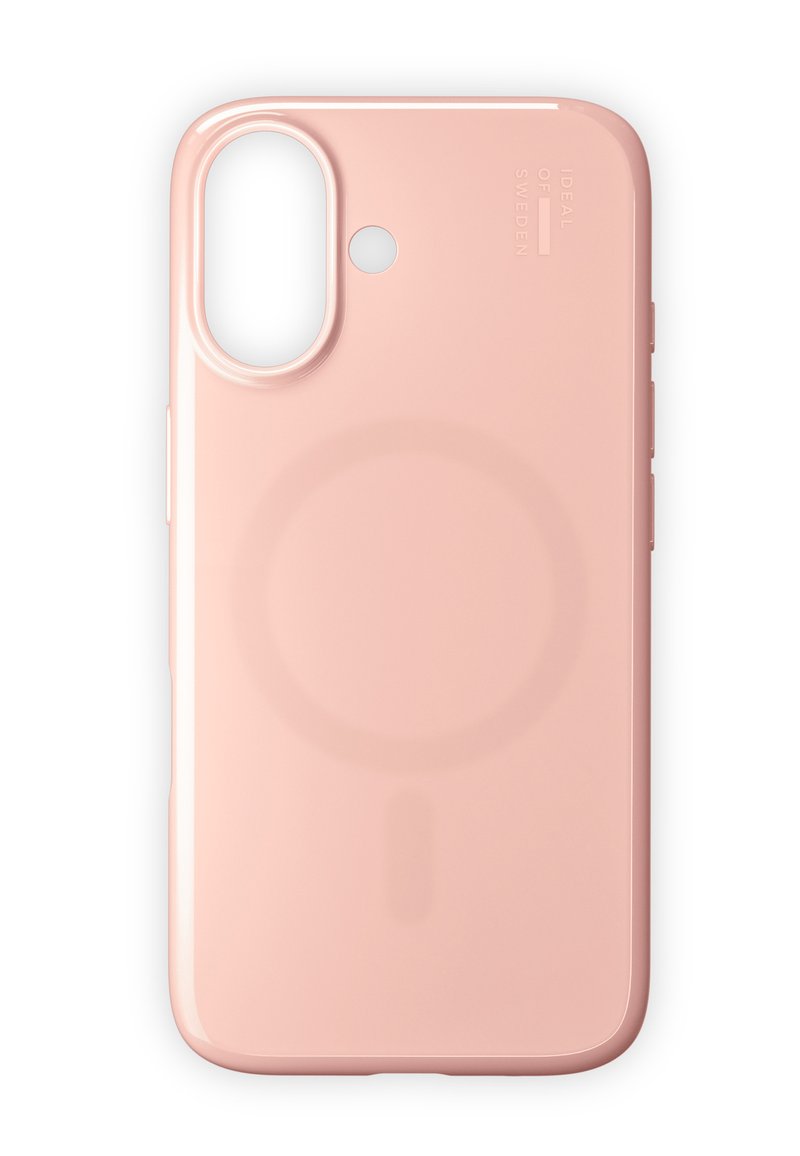 Rosa telefondeksel laget av blankt plastmateriale, med et rundt magnetdesign og utsparinger for kamera og knapper på siden.