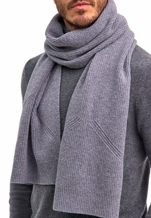 Homme portant une écharpe grise épaisse et côtelée enroulée autour du cou sur un pull gris, coupée en dessous du nez.