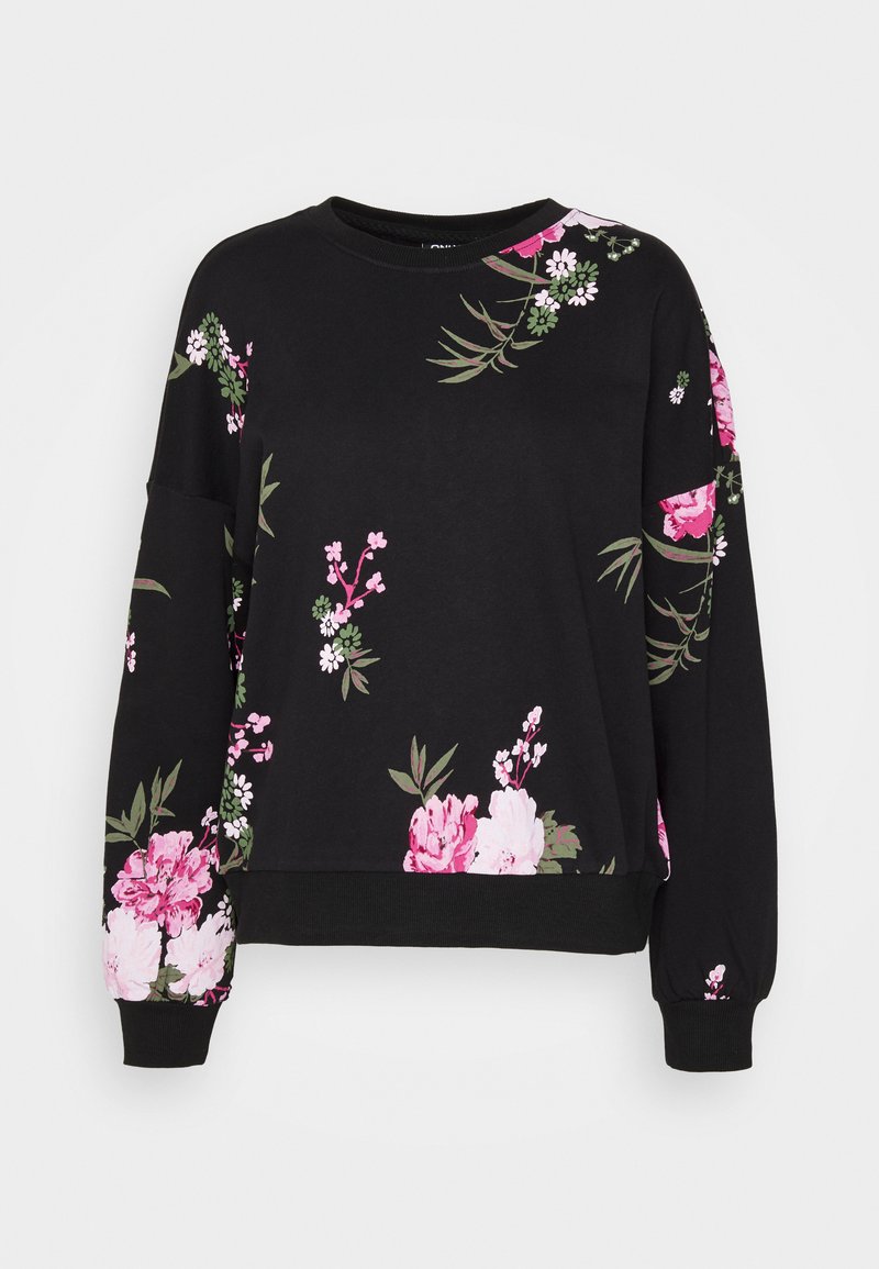Sweatshirt noir à manches longues avec des motifs floraux roses et verts. Matière confortable avec des poignets et un ourlet côtelés.