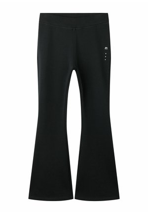 Leggings noirs évasés avec taille haute et petit logo blanc sur la partie supérieure de la cuisse droite, présentés sur fond blanc.