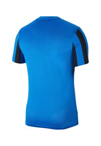 Blaue Sportshirt mit kurzen Ärmeln, das schwarze Akzente an den Schultern und einen strukturierten Stoff aufweist. Glatte Oberfläche und normale Passform.