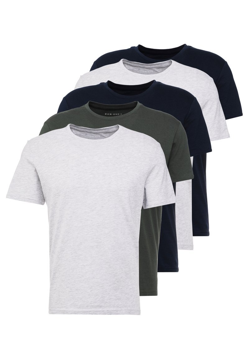 Pier One 5 PACK Tshirt basic dark blue/grey/khaki/donkerblauw
