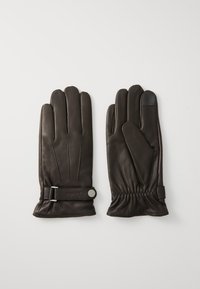 Brune læderhandsker med ribbet design og håndledsrem. Har en glat tekstur med en touchscreen-finger på højrehånden.