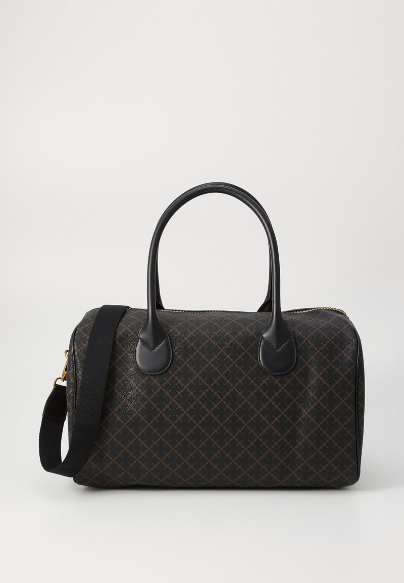 Brown patterned handbag with black leather accents, rounded handles, and a detachable shoulder strap; features a zip closure.