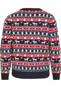 Stickad tröja med marinblå bas, med ett mönster av röda, vita och grå renar, träd och geometriska former. Ribbstickade muddar och nederkant.