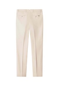 Pantaloni beige a taglio slim con passanti per cintura, due tasche posteriori con bottone a filetto e una piccola etichetta del marchio sulla tasca destra.
