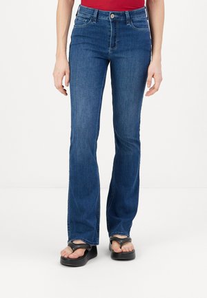 Blue flared jeans made of denim with a smooth texture, featuring a five-pocket design, belt loops, and a single front button closure.