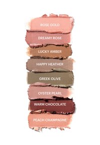 Campioni di trucco in tonalità tenui: rosa dorato, rosa da sogno, ambra fortunata, brugo felice, oliva greca, perla d'ostrica, cioccolato caldo, champagne pesca.