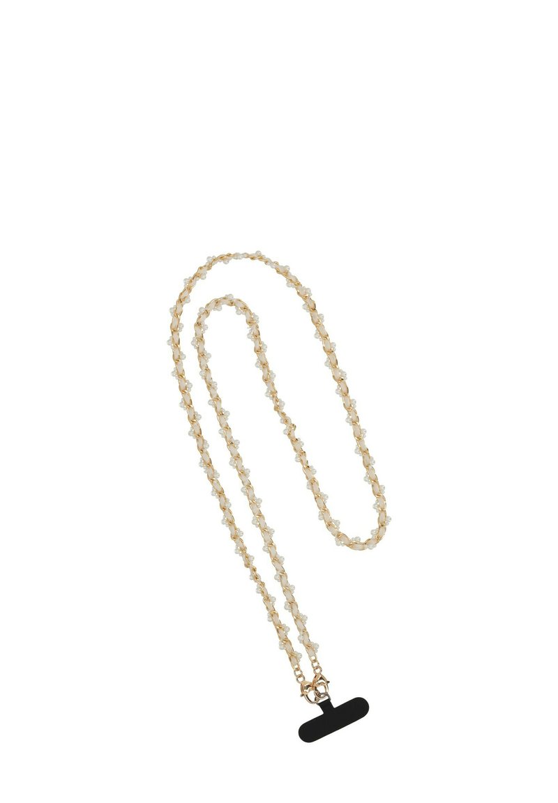 Collana in oro con gemme trasparenti, dotata di chiusura e un accento a forma di T nera. Misura circa 160 cm di lunghezza.