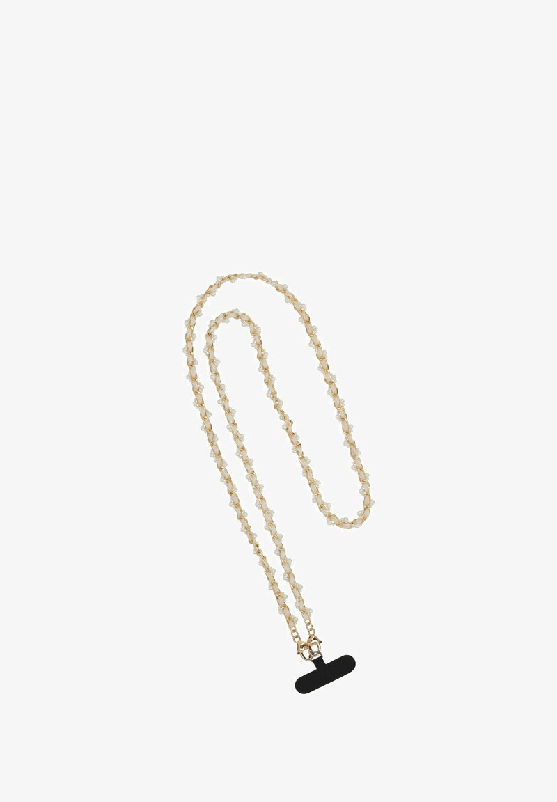 Collana in oro con gemme trasparenti, dotata di chiusura e un accento a forma di T nera. Misura circa 160 cm di lunghezza.