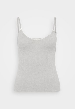 Graues geripptes Tanktop mit dünnen verstellbaren Trägern, rundem Ausschnitt und figurbetonter Silhouette. Weicher Stoff mit leichter Textur.
