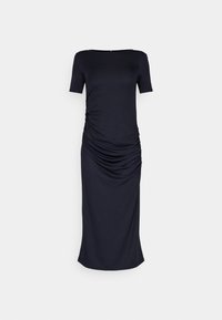 Abito midi navy realizzato in tessuto morbido. Caratterizzato da maniche corte, scollatura quadrata e dettagli arricciati ai lati per conferire forma.