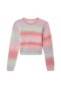 Sweter dzianinowy z długimi rękawami, z gradientowym wzorem w pastelowych kolorach: różowym, zielonym i lawendowym. Okrągły dekolt, krótki fason.