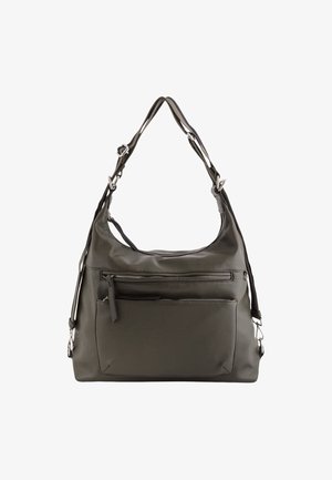 Dark green leather shoulder bag with a textured finish, featuring a front zip pocket, silver hardware, and a single adjustable strap.