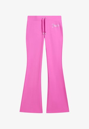 Helle pinke, ausgestellte Sweatpants mit Kordelzugbund und "Juicy"-Logo aus Strasssteinen auf der linken Hüfte.