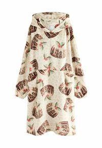 Häbemekuga, kreemikujuline riideese, valmistatud pehmest kangast, millel on kogu ulatuses leopardimustriga šokolaadikookide ja jõhvikalehtede muster.