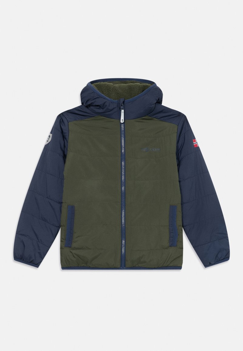 Kapiška striukė su žalia kūno dalimi, tamsiai mėlynomis rankovėmis, priekiniais užtrauktukais ir dviem šoninėm kišenėm. Pagaminta iš šiltinimo medžiagos.