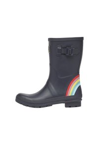 Gummistövlar i marinblått med en spänneaccent och en flerfärgad regnbågsdesign på sidan. Slät textur, höjd till mitten av vaden.