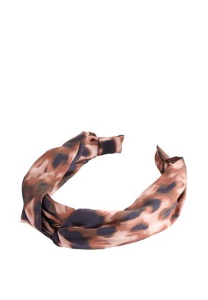 Brown and black leopard print fabric headband twisted at the front, designed to fit snugly around the head.