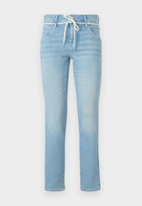 Jean en denim bleu clair avec une coupe droite, doté d'un cordon blanc à la taille et d'un léger délavage sur l'ensemble.