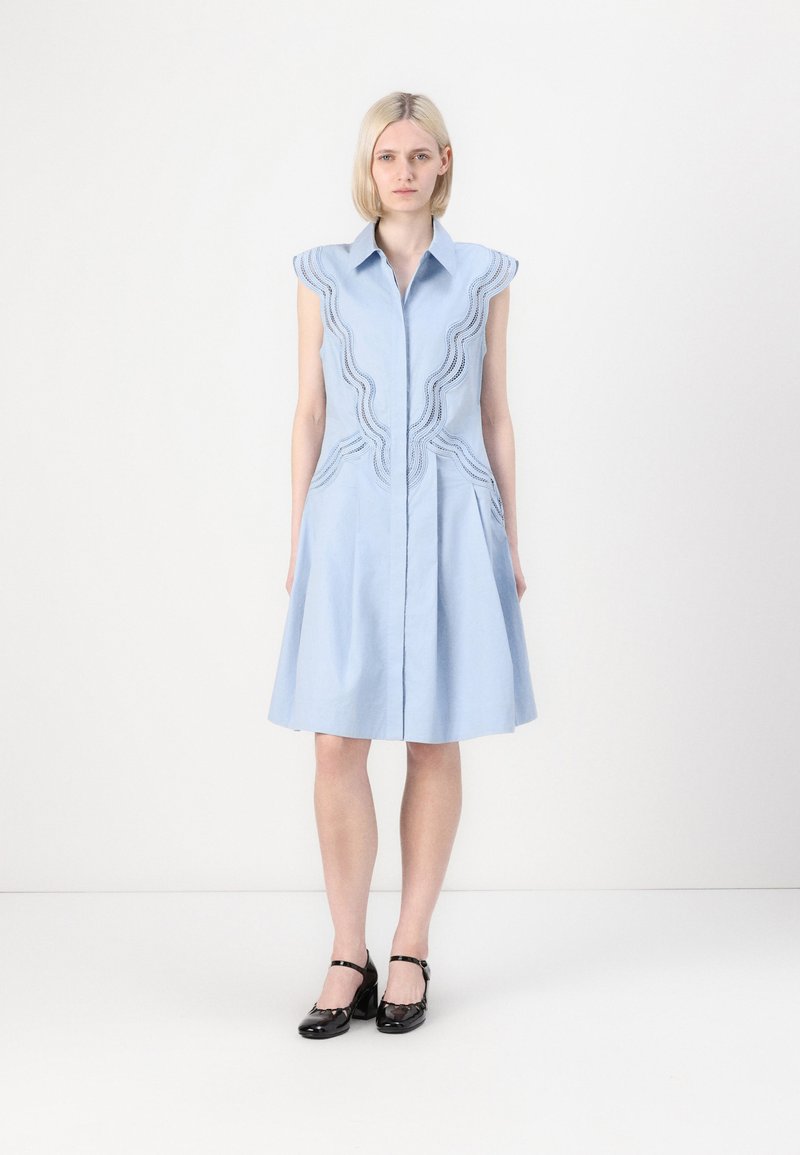 Abito camicia azzurro chiaro con chiusura a bottoni, maniche a campana e dettagli decorativi con cuciture ondulate. Orlo svasato con una texture liscia.