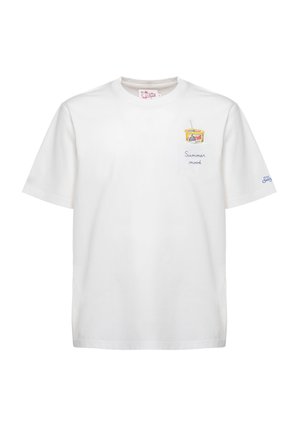 T-shirt bianca a maniche corte con piccola tasca frontale con tazza colorata di tè freddo e scritta ricamata "Summer mood".