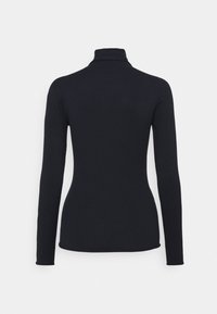 Schwarzes langärmeliges eng anliegendes Turtleneck-Oberteil aus glattem Material, von hinten auf einem weißen Hintergrund gezeigt.