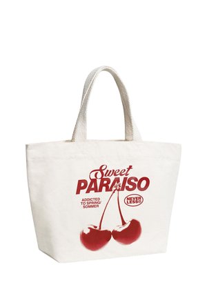 Canvas tote bag with red cherries and text "Sweet Paraiso, addicted to spring/sommer, Never Less" printed on the front.