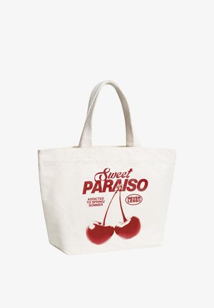 Canvas tote bag with red cherries and text "Sweet Paraiso, addicted to spring/sommer, Never Less" printed on the front.