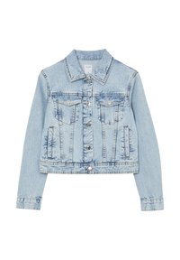 Light blue denim jacket with a collar, front button closure, two chest pockets, and two side pockets. Features a distressed texture and fitted design.