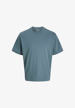 Plain short-sleeve crew neck t-shirt in muted blue, displayed flat without patterns or logos on a white background.
