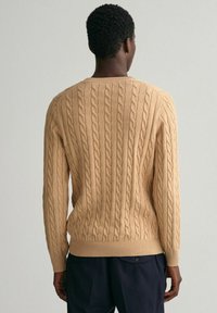Beiger Strickpullover mit Zopfmuster, gerippten Bündchen und Saum sowie rundem Halsausschnitt, von hinten gezeigt.