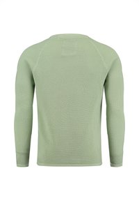 Maglione lungo a maniche lunghe di un verde chiaro con collo a giro, mostrato da dietro, caratterizzato da un motivo a maglia fine.