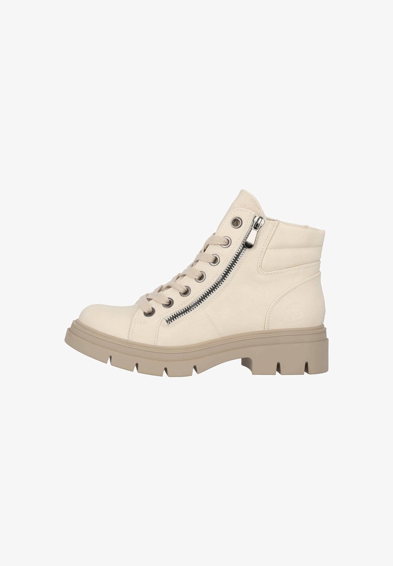 Zapatos de caña alta beige de suave ante con cordones en la parte frontal, cremallera lateral y suela de goma gruesa, con textura acolchada en el cuello.